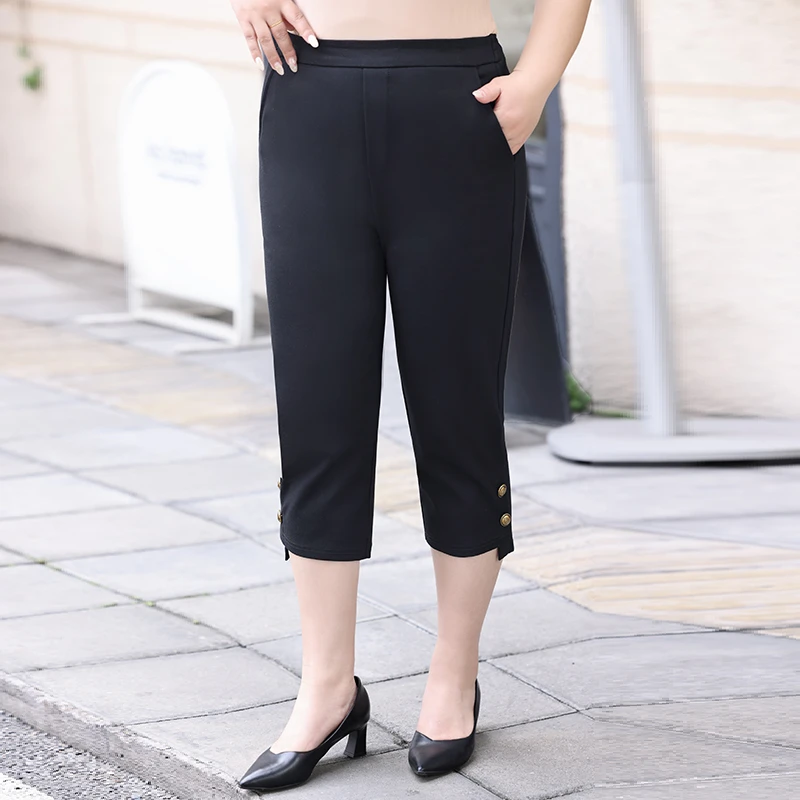 大码高腰休闲七分裤子女205年夏季新款200斤胖mm宽松弹力直筒裤