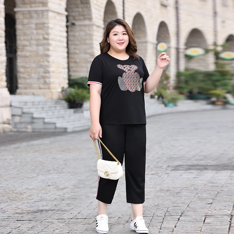 胖mm大码休闲运动套装女减龄春夏新款时尚小熊烫钻宽松显瘦两件套