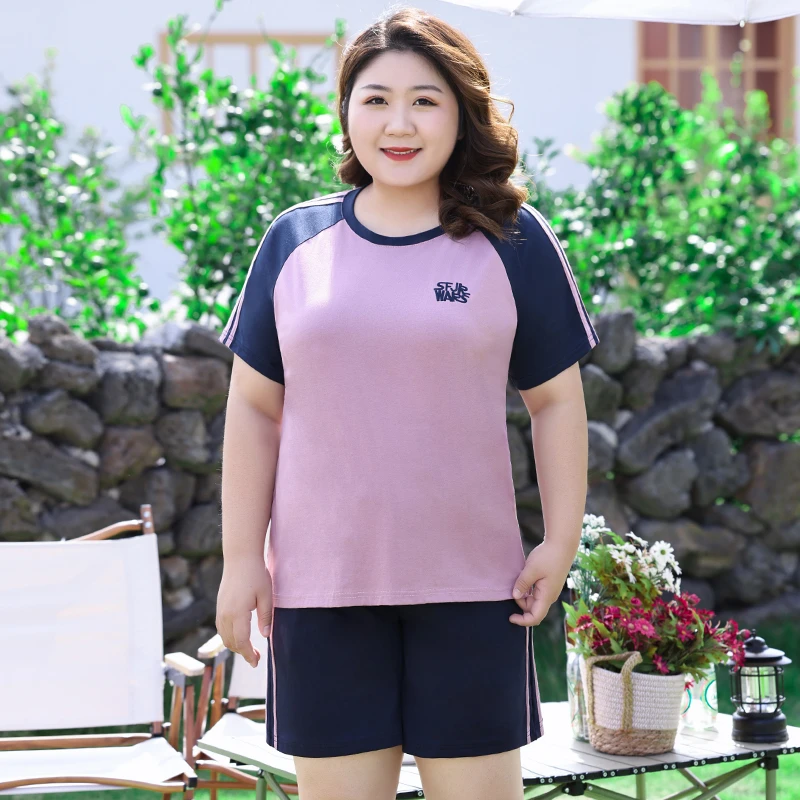 胖mm休闲运动套装女夏季新款大码女装宽松短袖短裤两件套 200斤