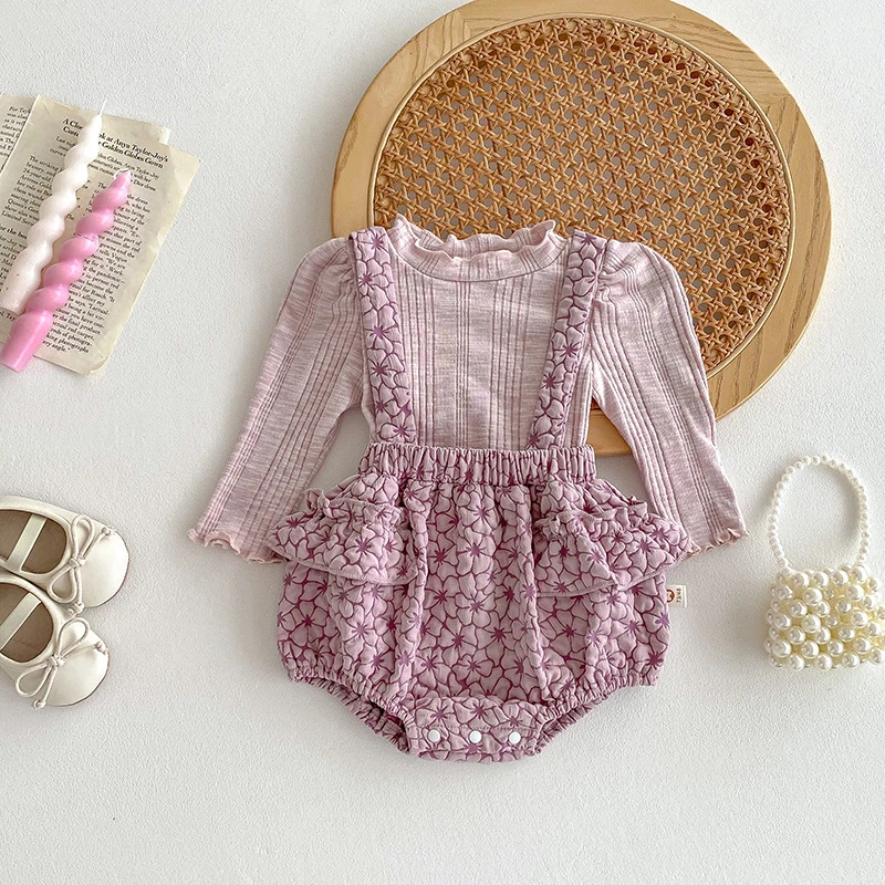 韩版春秋装婴幼儿哈衣女宝宝公主翻领上衣套装婴儿连体衣爬服套装