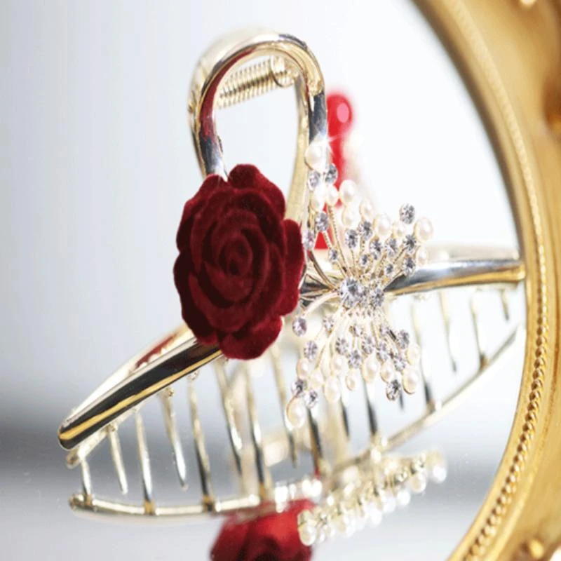【花香蝶】时尚气质优雅玫瑰花百搭花朵大抓夹F488红色儿童可爱复古