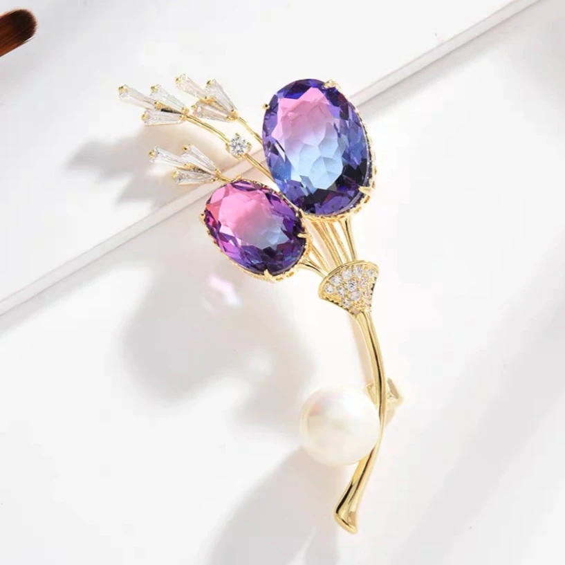 铜合金合成锆石胸针 【紫色梦幻】金色高档优雅百搭叶子胸针XZ718