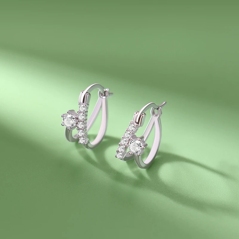 足银耳饰 999纯银耳扣女百搭轻奢满钻双层简约淑女优雅耳环EK137