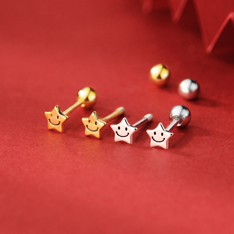 925银耳饰 纯银耳钉女精致笑脸五角星耳骨钉简约养耳洞免摘ED214