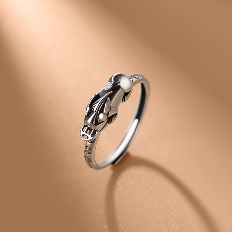 925银戒指 纯银中食指戒女复古貔貅个性招财简约小众活口指环JZ83