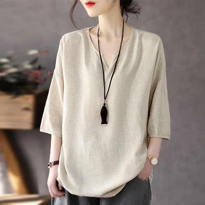 中袖七分袖亚麻上衣夏季薄款宽松棉麻t恤女2023新款大码胖mm短袖