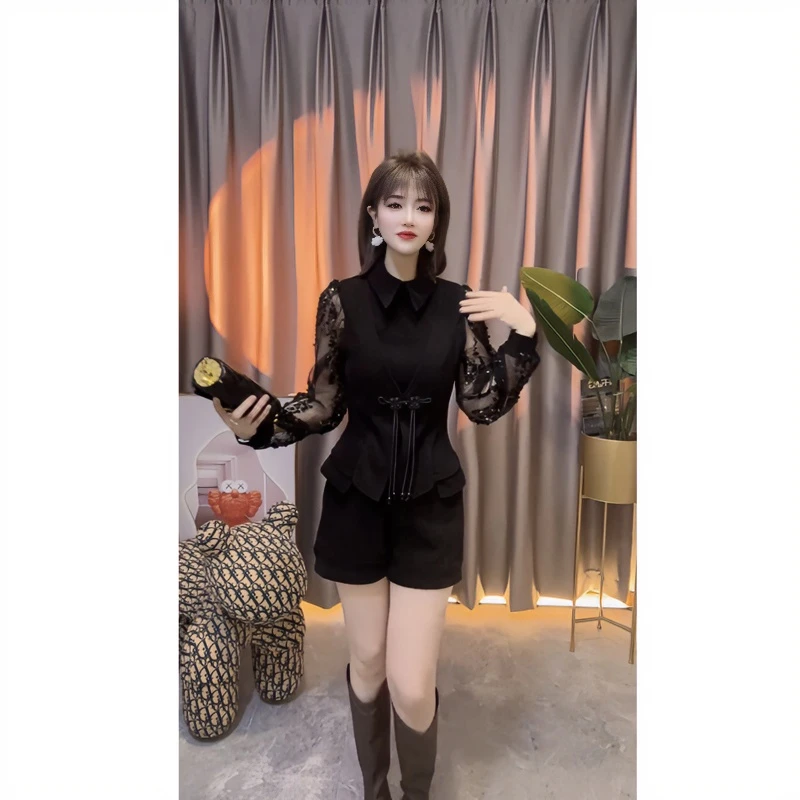 套裙套装上衣短裤显瘦气质洋气拼接蕾丝长袖网红黑色阔腿收腰时尚
