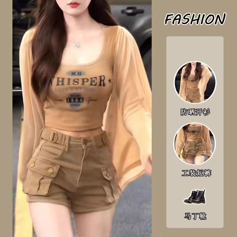 夏季时尚套装穿搭女2024新款辣妹抹胸吊带防晒上衣短裤三件套装