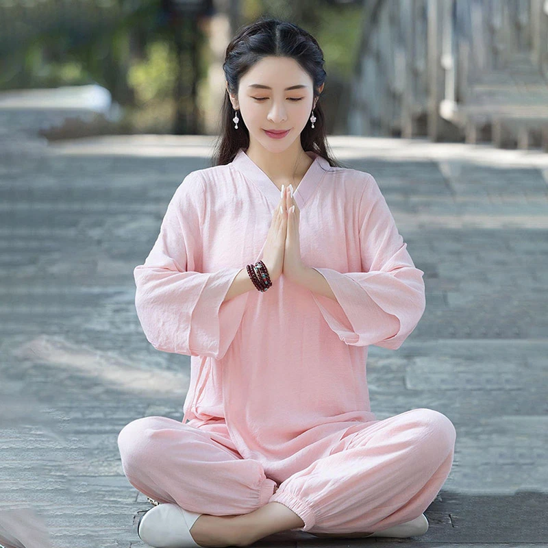 佛系素衣中长款禅意修行服女太极服打坐练功服棉麻居士服套装春夏