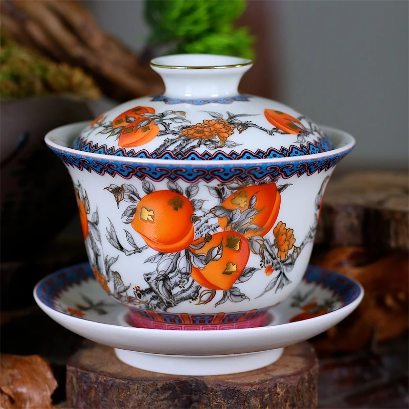 【瓷理陶里】景德镇高温手工陶瓷家用茶具九桃五福--元宝三才盖碗