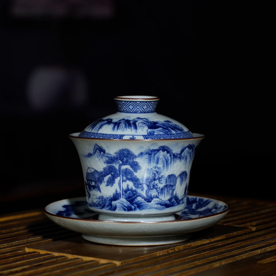 景德镇手工陶瓷茶具老陶泥开片马蹄三才盖碗--新款山水