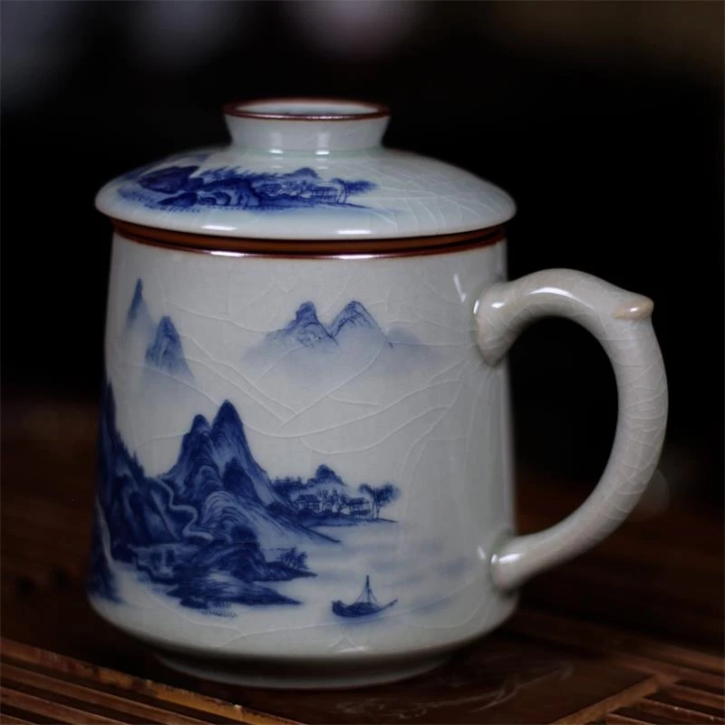 【老陶泥办公杯】景德镇高温釉下彩家用大号主人杯带过滤网中式复古