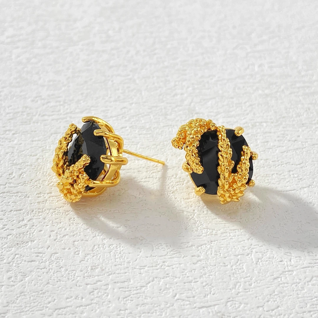 铜合金耳饰 木木（RZ6044） 麦穗包边肥方黑钻耳钉耳饰