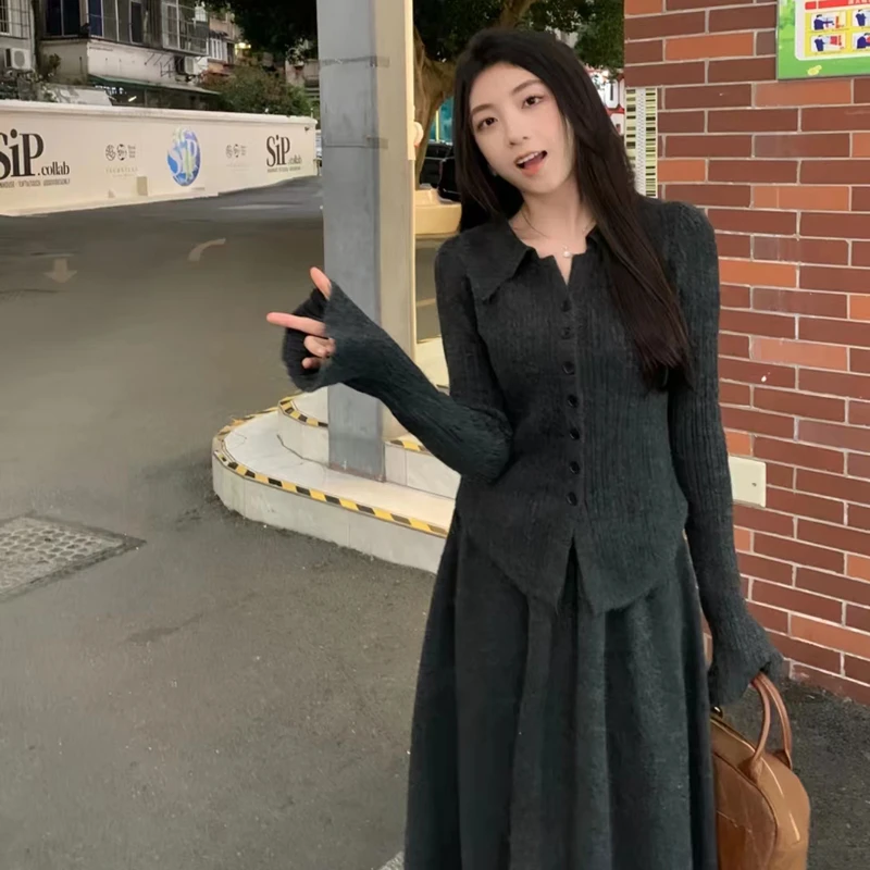 2024秋季韩版气质针织开衫套装裙法式设计A字伞裙半身裙两件套女