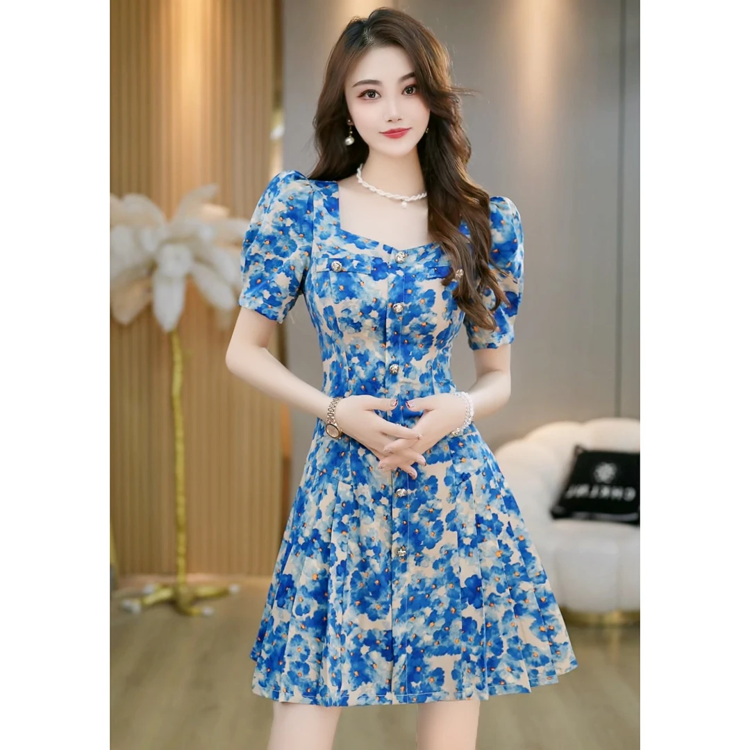 【 花海绮梦】复古气质油画碎花方领收腰显瘦连衣裙 B5478