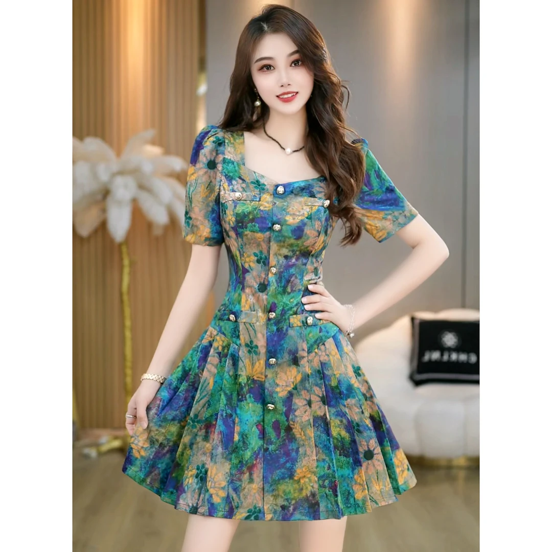 小众设计师法式绿色印花连衣裙女2024新款夏季轻奢高级感 B5460