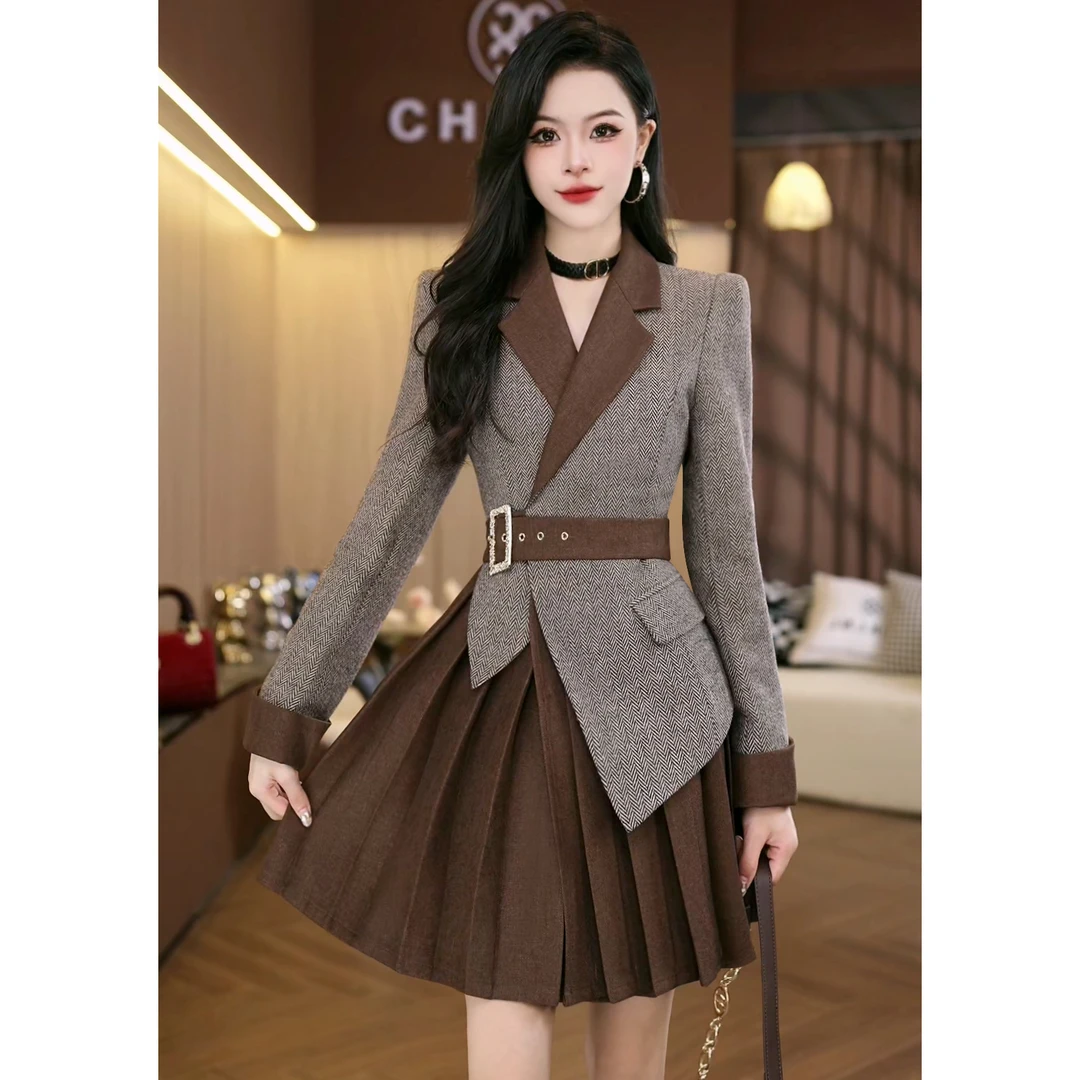 XI2024秋轻奢连衣裙收腰气质小香风拼接高级感修身西装裙子C5655