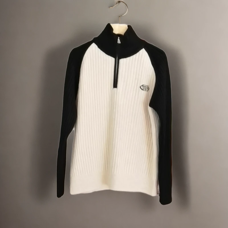 2024红条纹网红时尚百搭泡水龙年高领韩版休闲翻领套头拼色针织衫