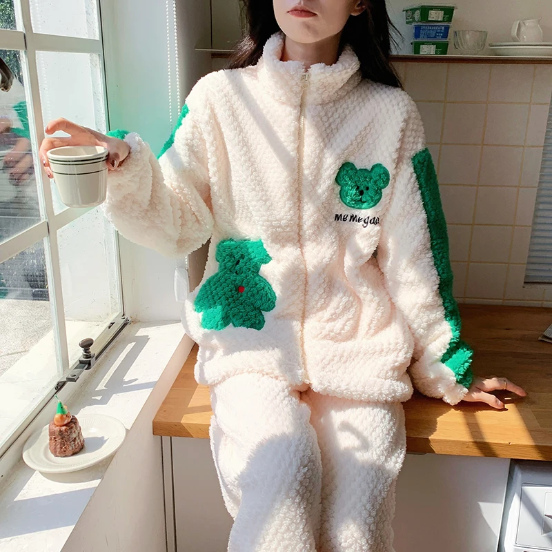 珊瑚绒睡衣女秋冬季冬款加厚珊瑚绒卡通小熊家居服甜美拉链款套装