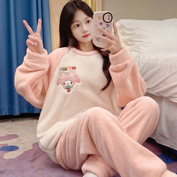 冬季睡衣女秋冬珊瑚绒长袖薄款保暖套装冬天卡通法兰绒女士家居服