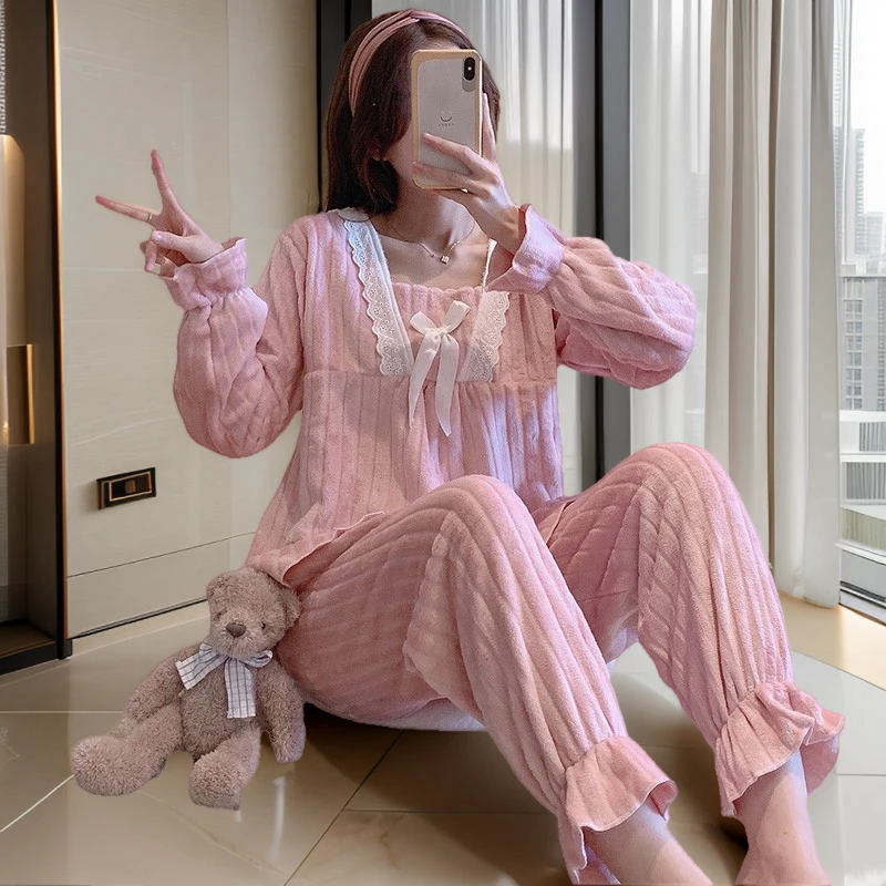 2025年秋冬季法兰绒睡衣女士长袖学生春秋甜美保暖冬天家居服套装