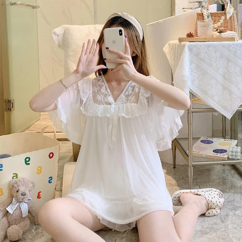 网纱蕾丝睡衣女夏季薄款短袖2024年新款网红甜美公主风家居服套装