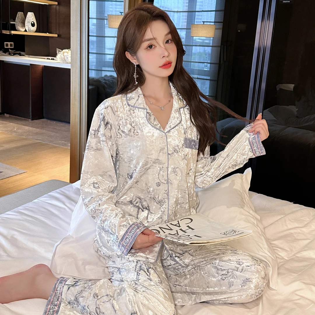 睡衣女春秋冬季金丝绒女士爆款长袖开衫高级感甜美爆款家居服套装