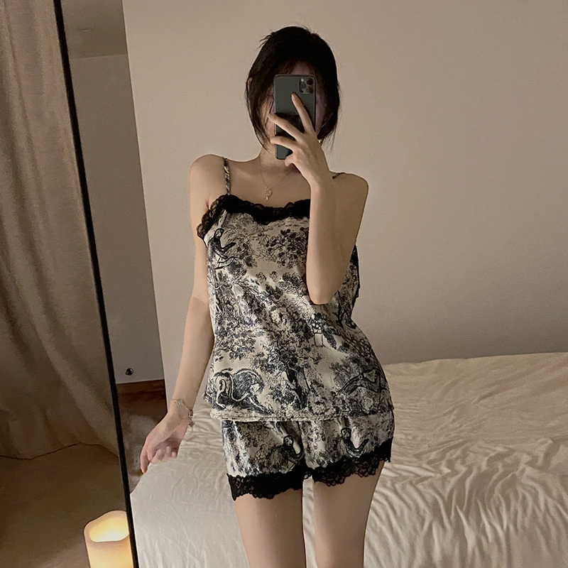 睡衣女夏季冰丝吊带蕾丝公主套装薄款女士家居服带胸垫的睡衣套装