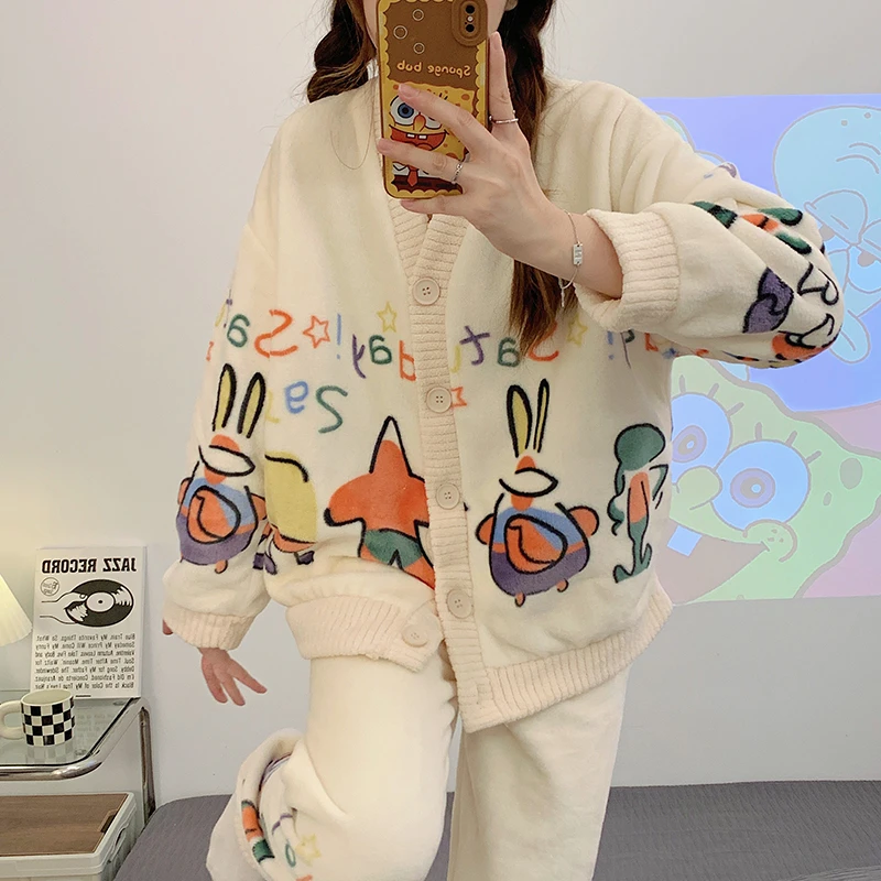 【工厂清仓】海绵宝宝睡衣派对~珊瑚绒秋冬季家居服加绒加厚套装
