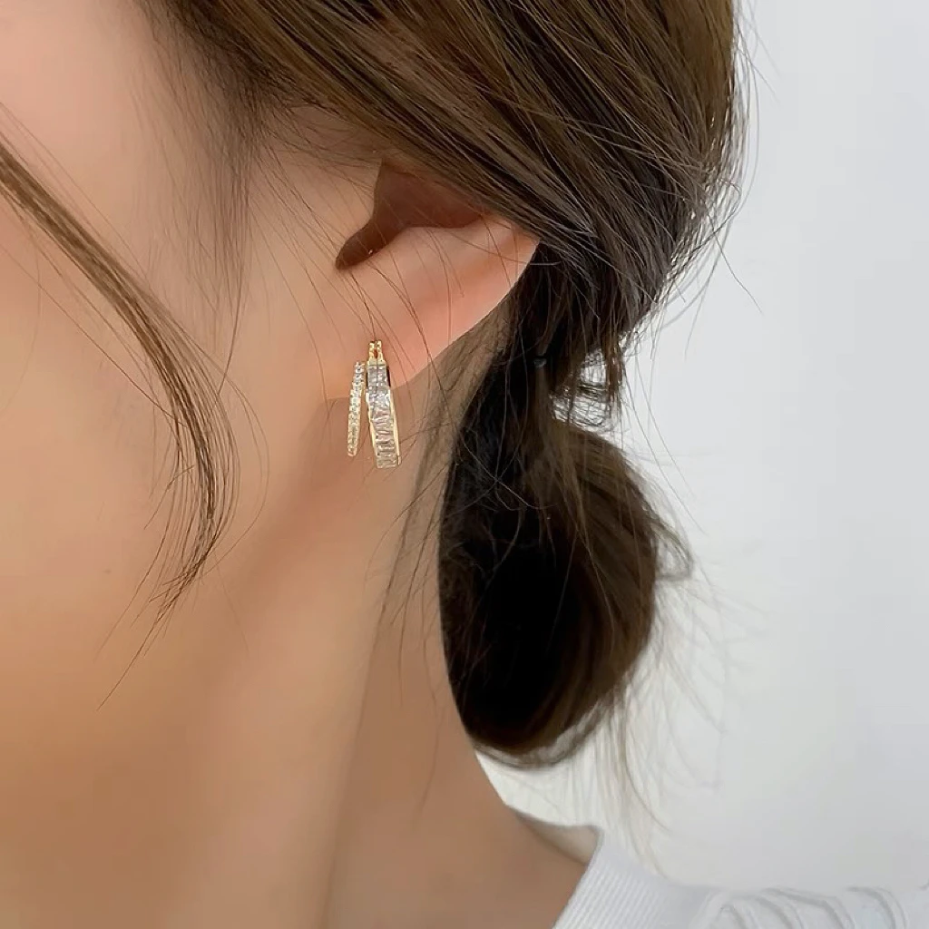 铜合金合成锆石耳饰 法式菱形圈圈耳环ins设计感满钻耳圈个性百搭