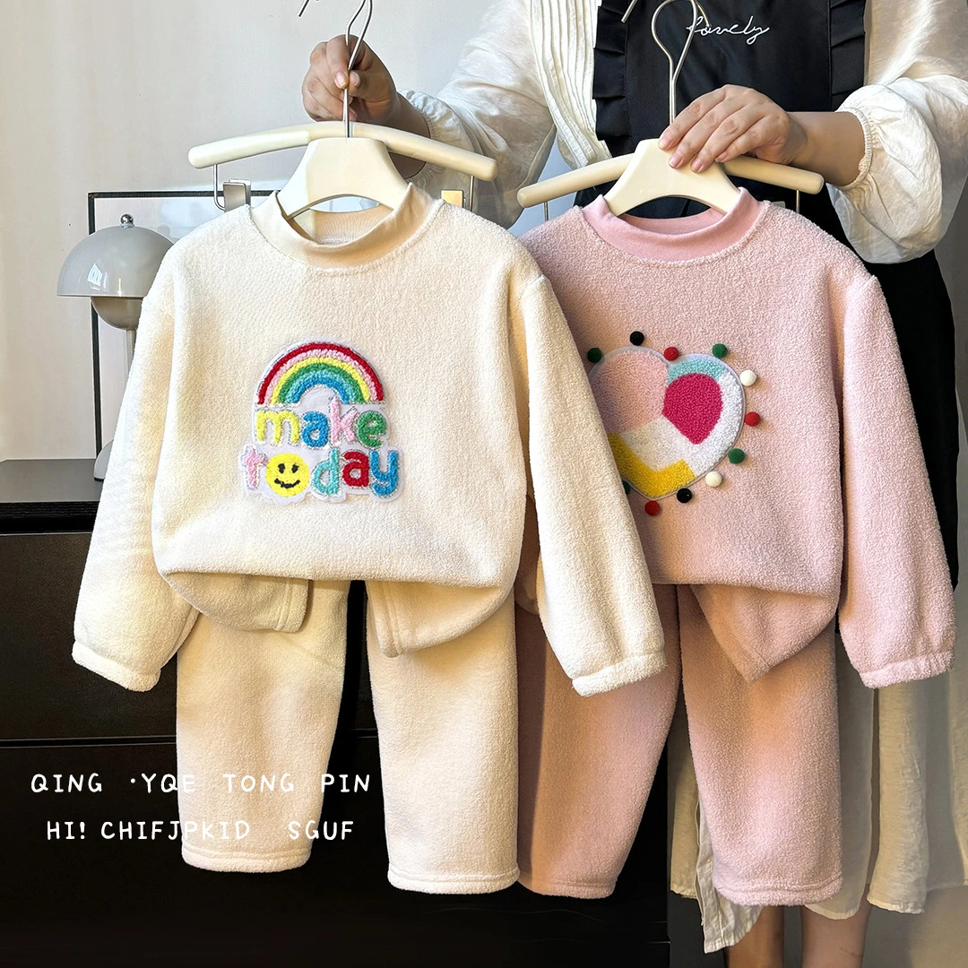 韩版ins男女宝卫衣加厚秋冬装0-2岁彩虹刺绣卡通套头衫婴幼童套装