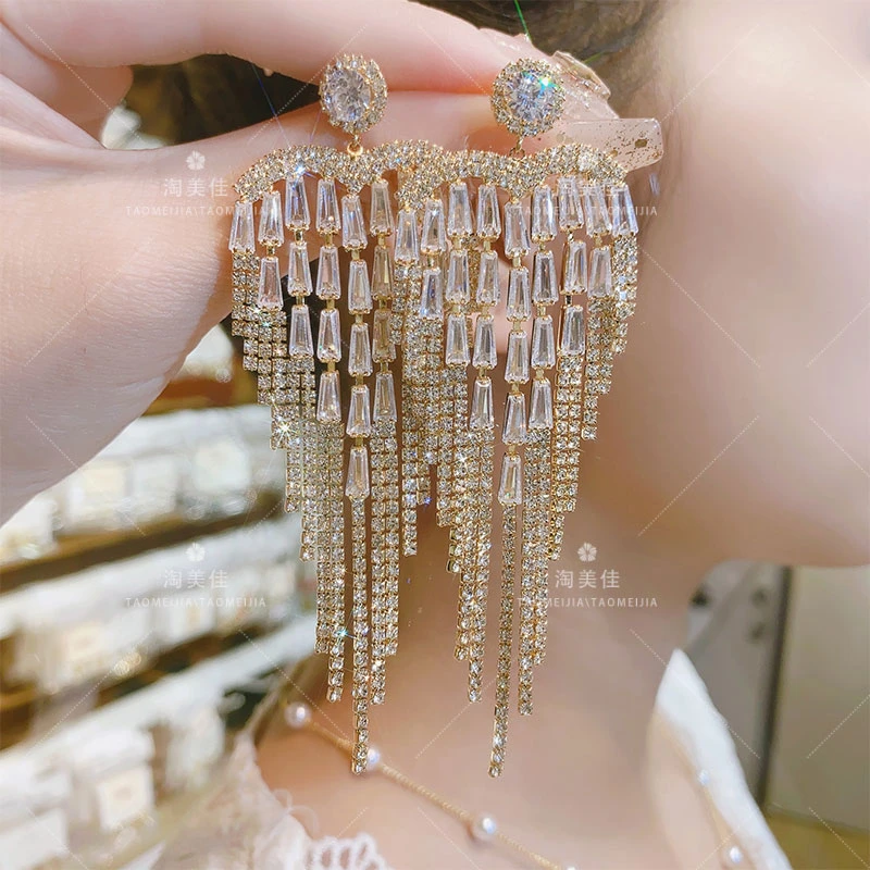 铜合金耳饰 轻奢重工满钻心形耳饰气质夸张个性长款小众设计耳环