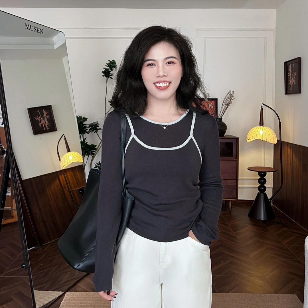 李羽竺【翠宝高端定制】显瘦长袖百搭修身设计感假两件拼接撞色1003