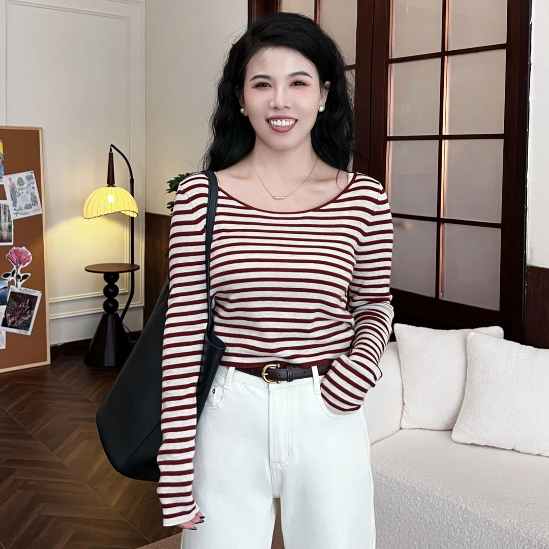 李羽竺【翠宝高端定制】显瘦长袖针织时尚修身洋气秋季条纹T恤1002