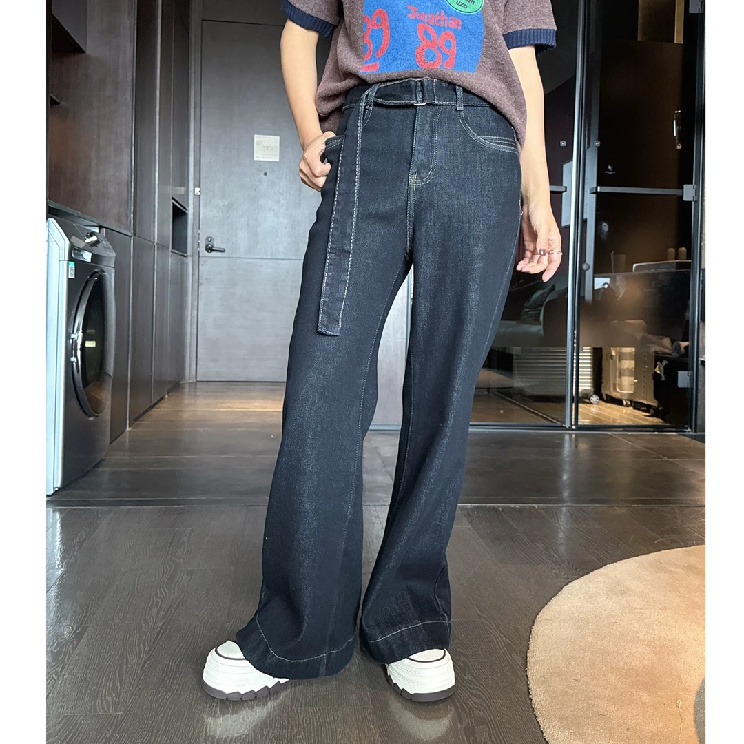 2024冬季新款酷帅腰带百搭显瘦垂感加绒牛仔直筒长裤W33041