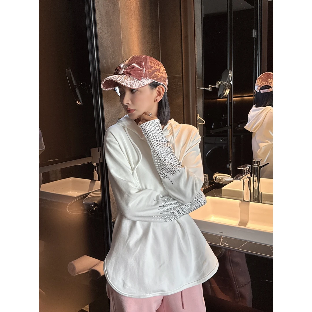 2024冬季新款精致闪亮玻璃钻袖口连帽半拉链长袖加厚T恤衫W32983