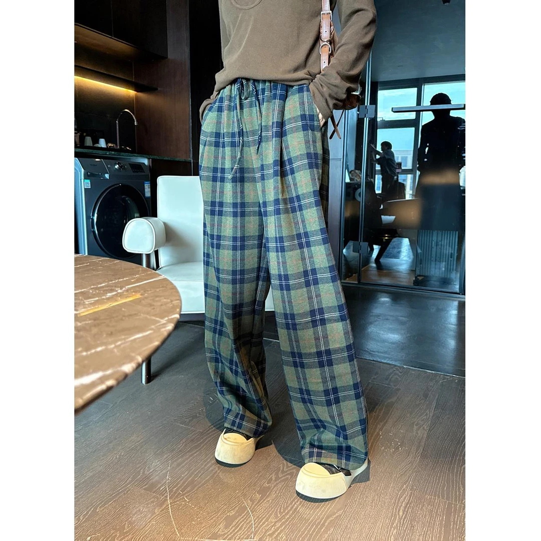 2024秋冬新款复古经典格子撞色抽绳阔腿裤女减龄百搭慵懒加绒长裤