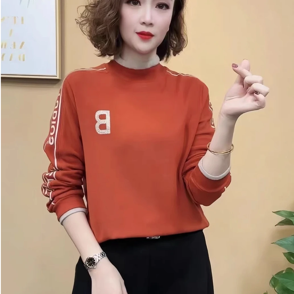 半高领打底衫女秋冬2024新款秋装时尚洋气时髦烫钻磨毛加厚小衫潮