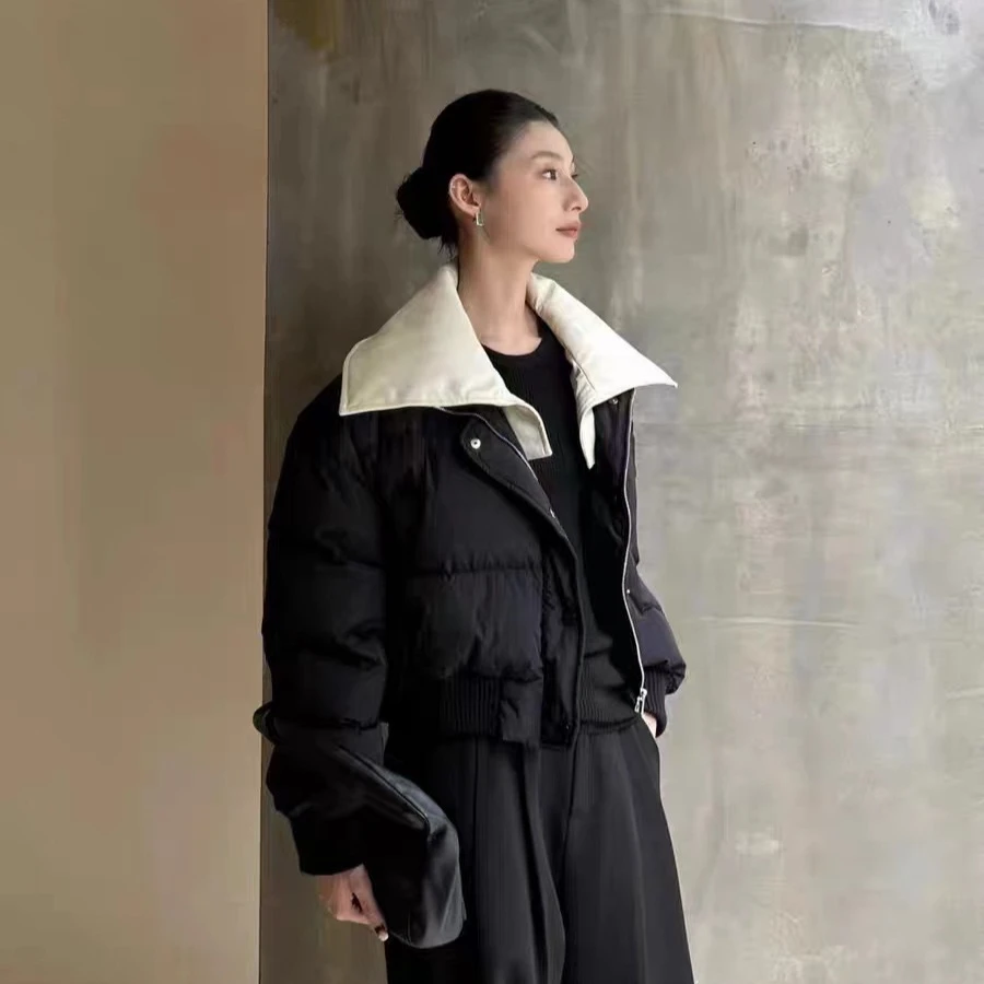 2023冬季欧洲站羽绒服女短款新款机车夹克白鸭绒面包服外套