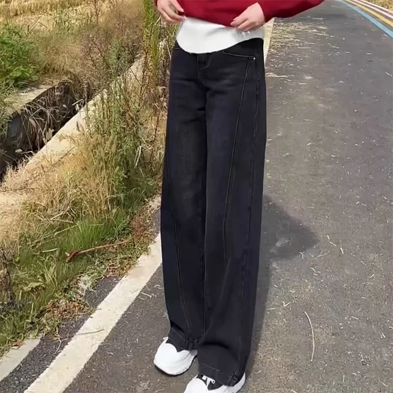 加绒加厚直筒牛仔裤2024年秋季新款女大码拖地裤显瘦宽松阔腿裤子