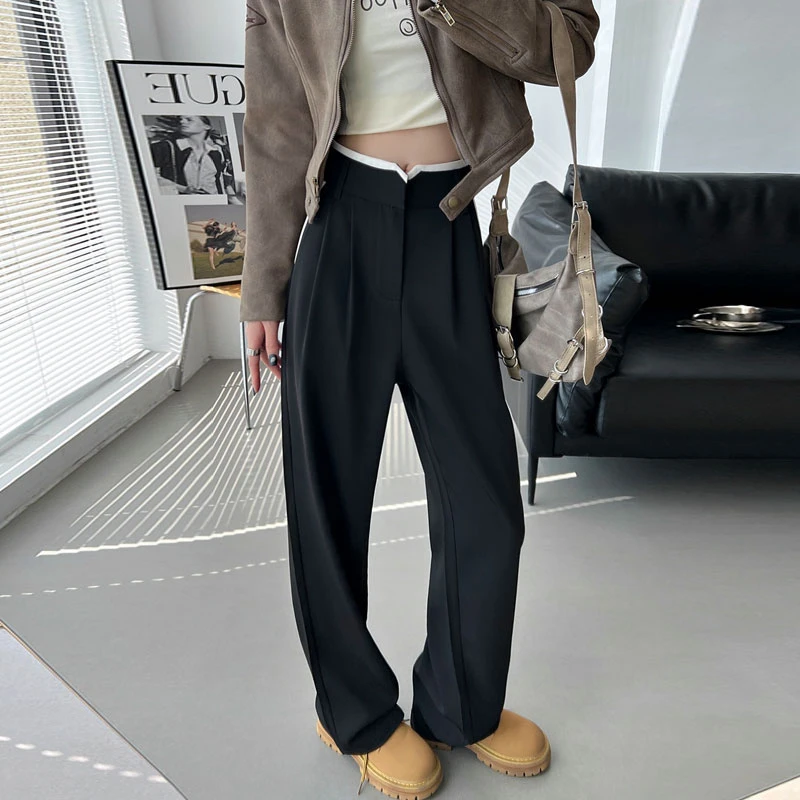 秋冬2024秋季新款阔腿裤女拼接撞色设计感宽松休闲长裤子