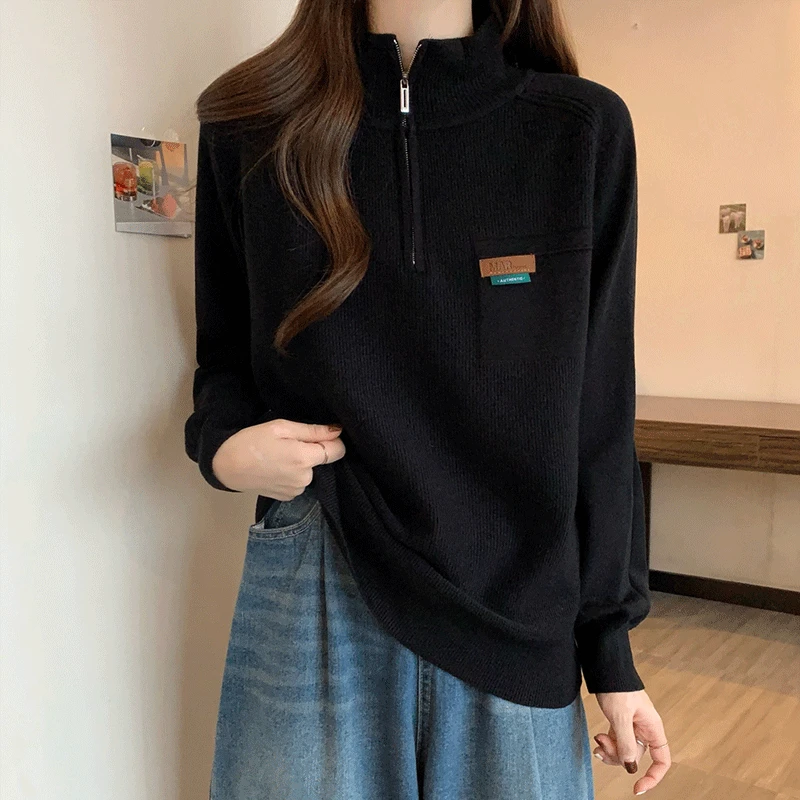 女装POLO领长袖秋冬女显瘦遮肚假口袋设计洋气时髦针织衫