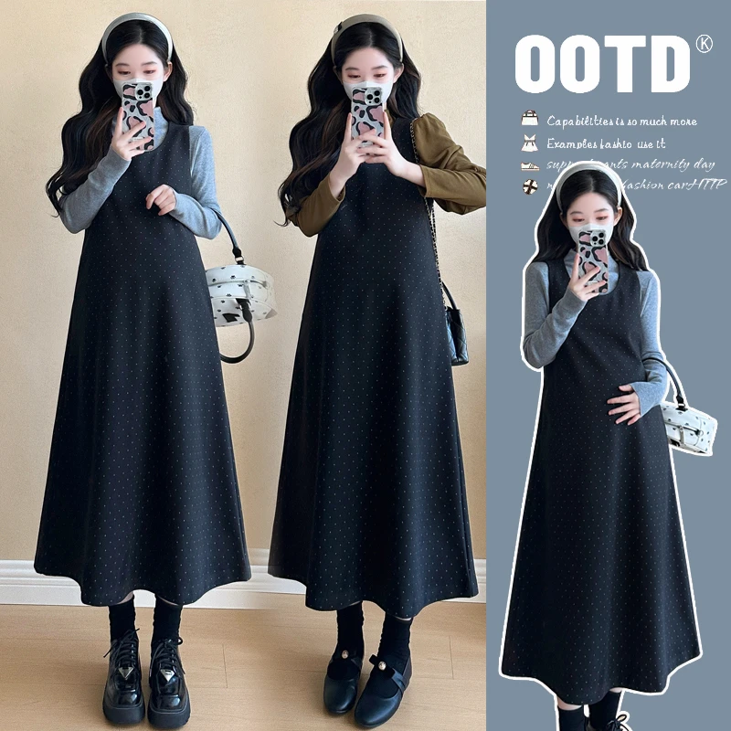孕妇装2024新款秋装连衣裙大码胖mm显瘦气质波点背带裙高级感套装