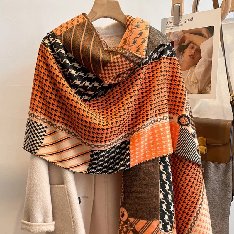 Love is long2024新款千鸟格条纹秋冬欧美流苏围巾女保暖防风披肩