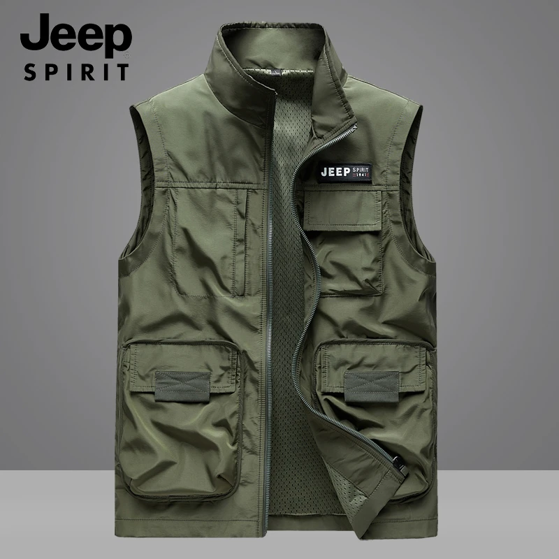 JEEP SPIRIT春秋新款男士宽松休闲百搭网格内衬立领多袋工装马甲