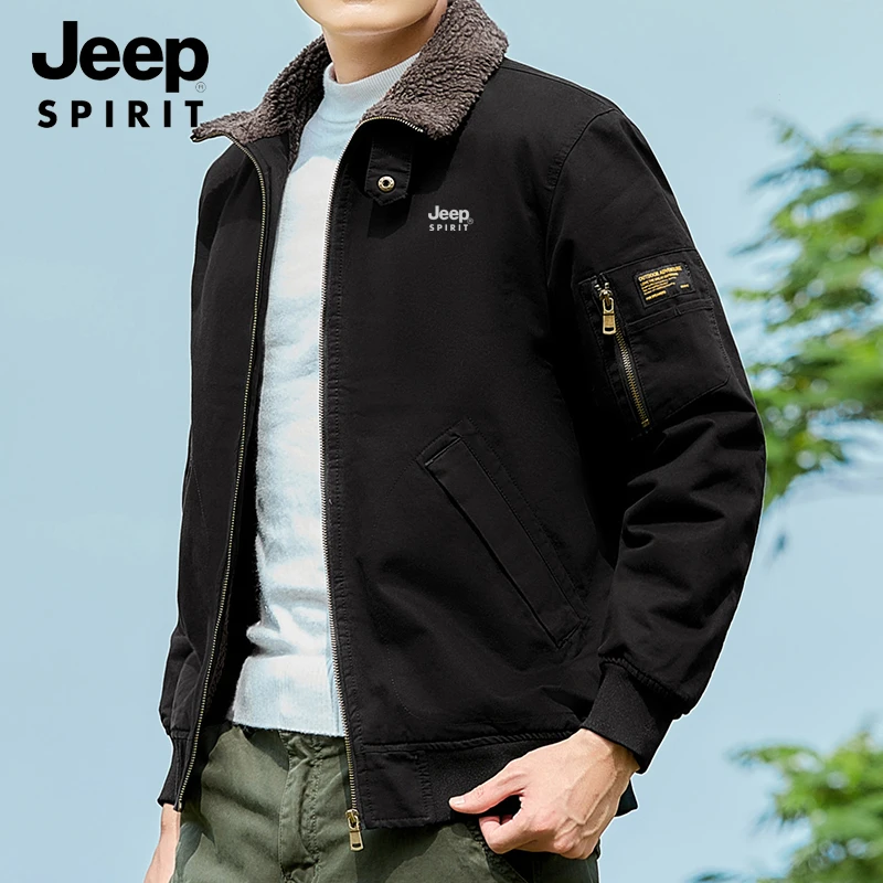 JEEP SPIRIT秋冬季时尚百搭加绒翻领休闲外套男防寒保暖工装夹克