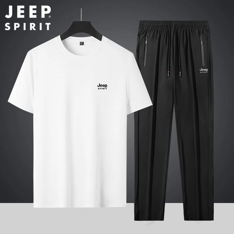 JEEP SPIRIT时尚休闲宽松圆领短袖冰丝弹力直筒裤夏季速干两件套
