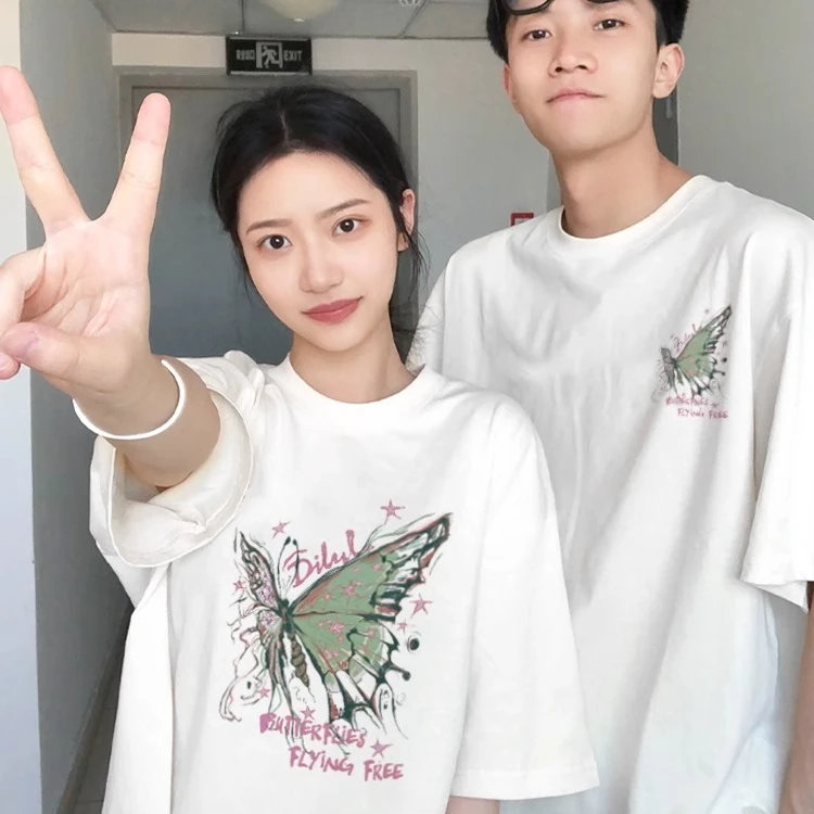 【两件装】星星蝴蝶情侣装高级小众2024新款潮流不一样男女短袖t恤
