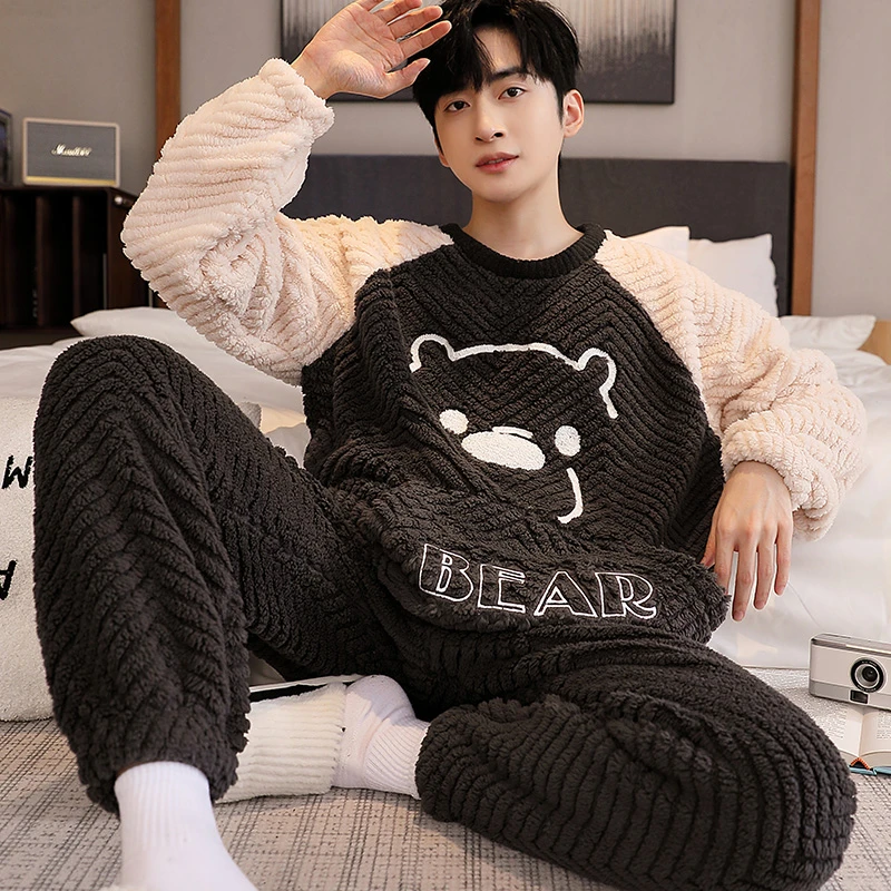 小熊睡衣男士秋冬季加厚加绒珊瑚绒法兰绒宽松大码外穿家居服套装