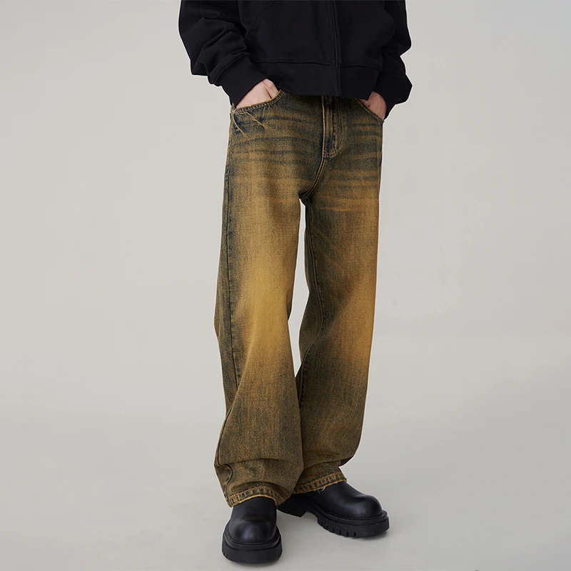 黄泥染水洗牛仔裤男款秋季痞帅美式高街宽松直筒阔腿休闲潮牌长裤